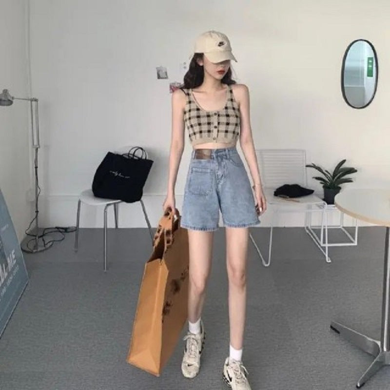 Women's Cropped Top with Check Pattern and Button Detail Lune London