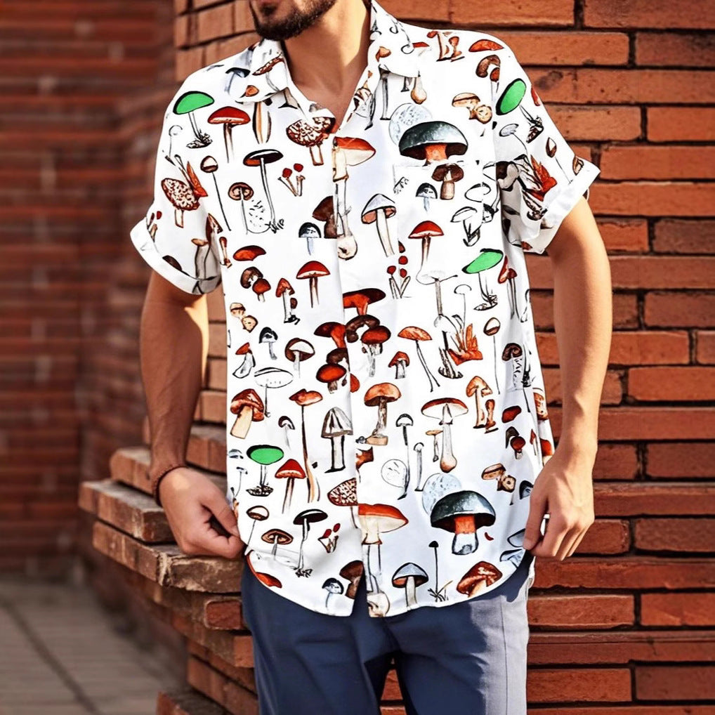 Short sleeve shirt for men with a colorful mushroom pattern and breathable cotton Lune London