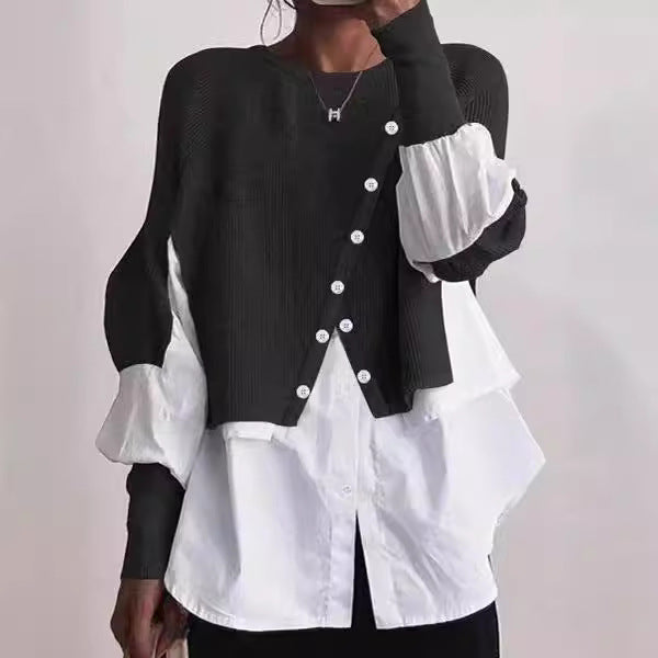 Ladies modern knit jacket with button details and chic overshirt style