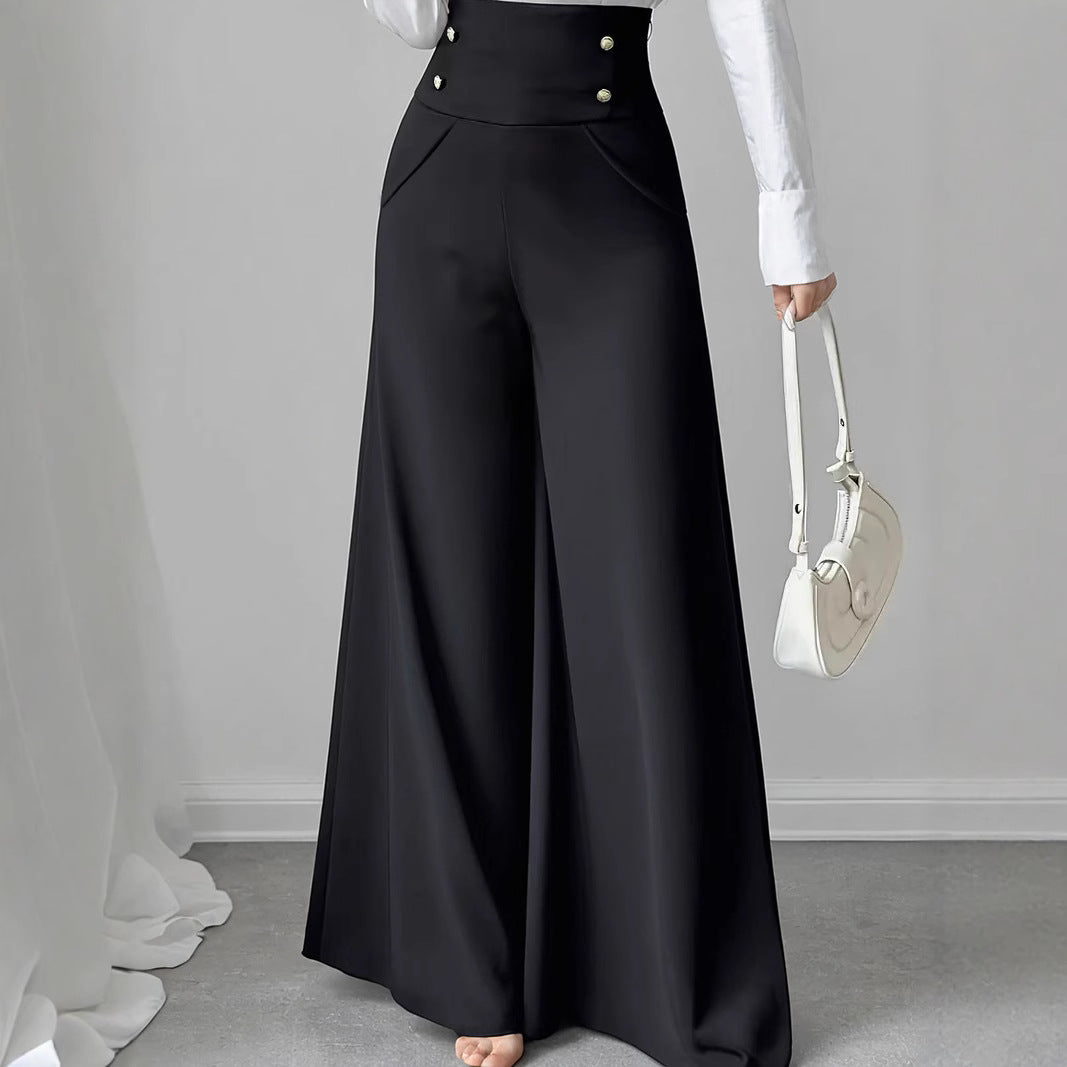 High-waisted wide-leg pants for women with decorative buttons Lune London