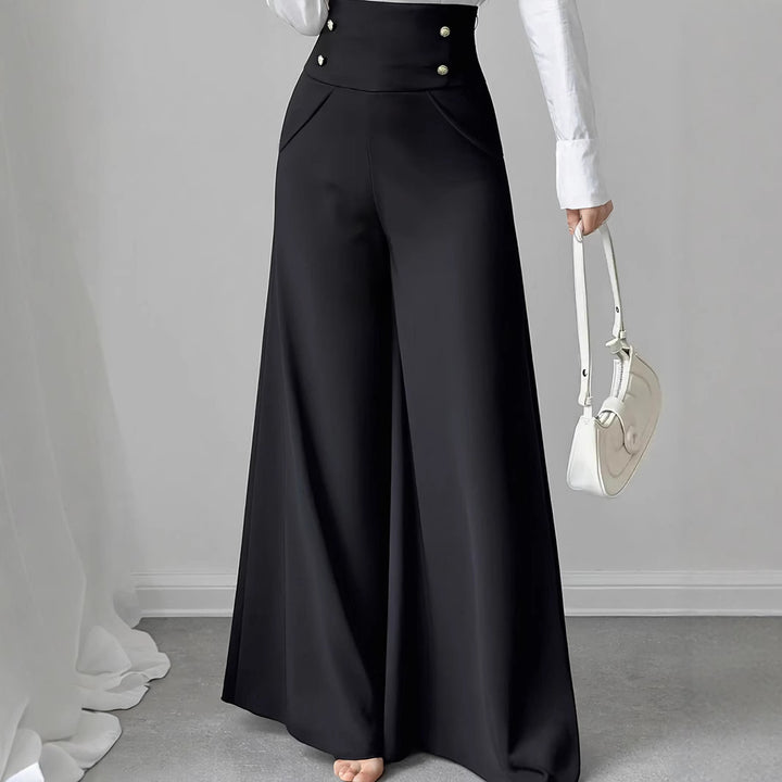 High-waisted wide-leg pants for women with decorative buttons Lune London