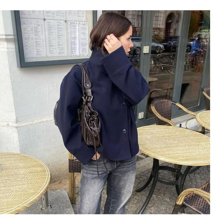 Ladies trendy short jacket with high collar and comfortable button details Lune London