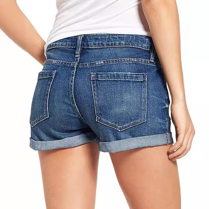 Women's fashionable destroyed denim shorts with rolled hem Lune London