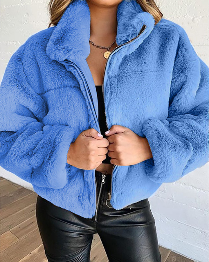 Ladies Trendy Plush Coat with High Collar Lune London