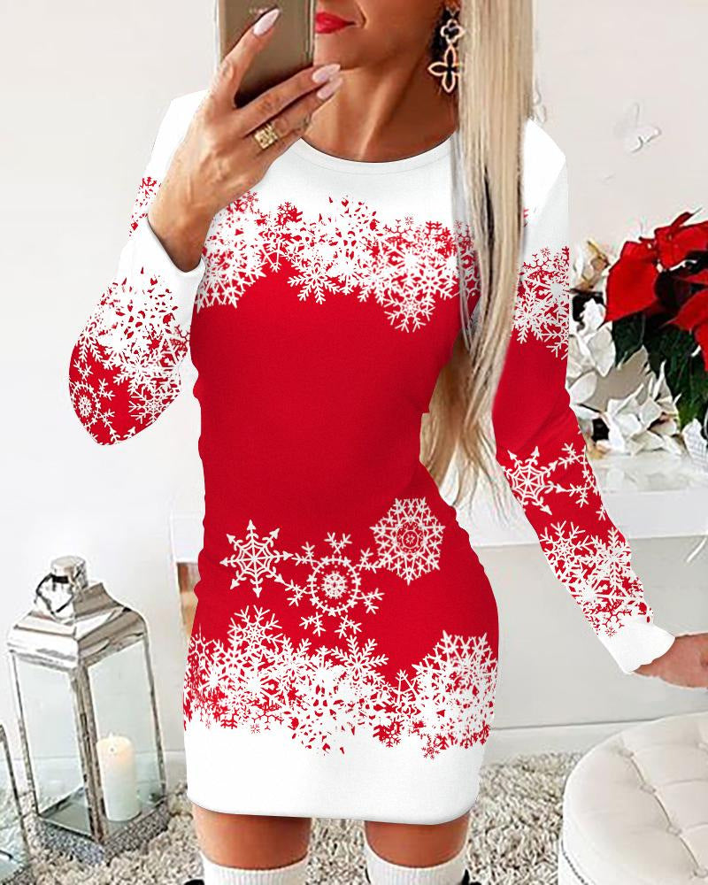 Ladies Festive Long-Sleeve Dress with Snowflake Motif Lune London