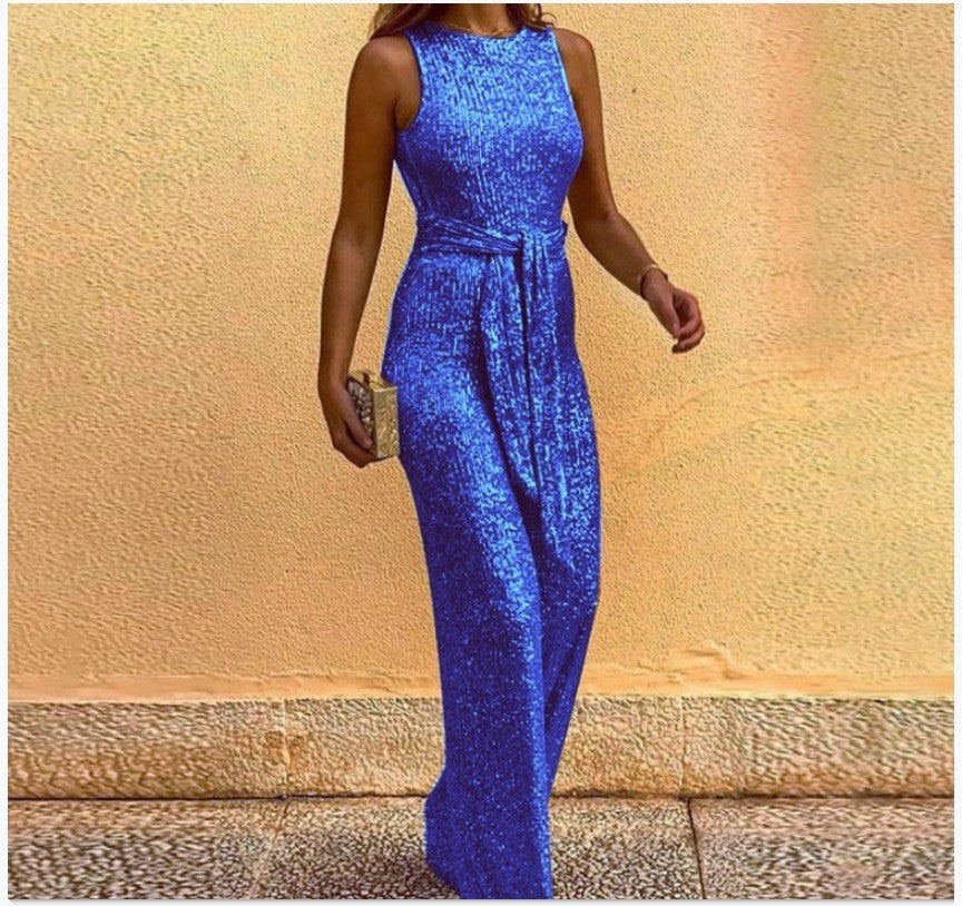 Women's Glamorous Maxi Dress with Shiny Sequin Trim and Elegant Waist Tie