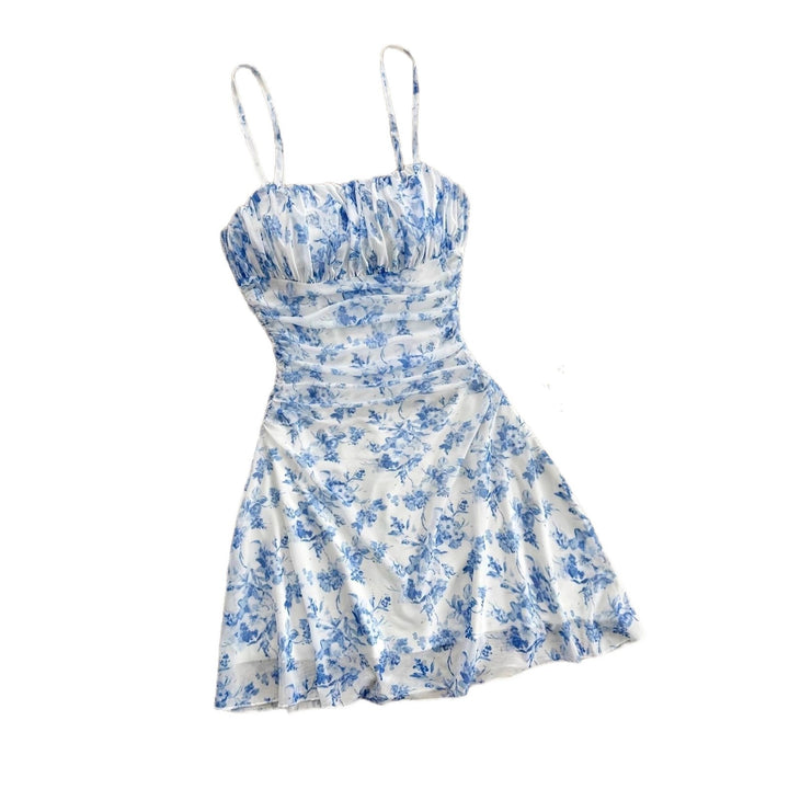 Women's summer floral dress with spaghetti straps and gathers Lune London