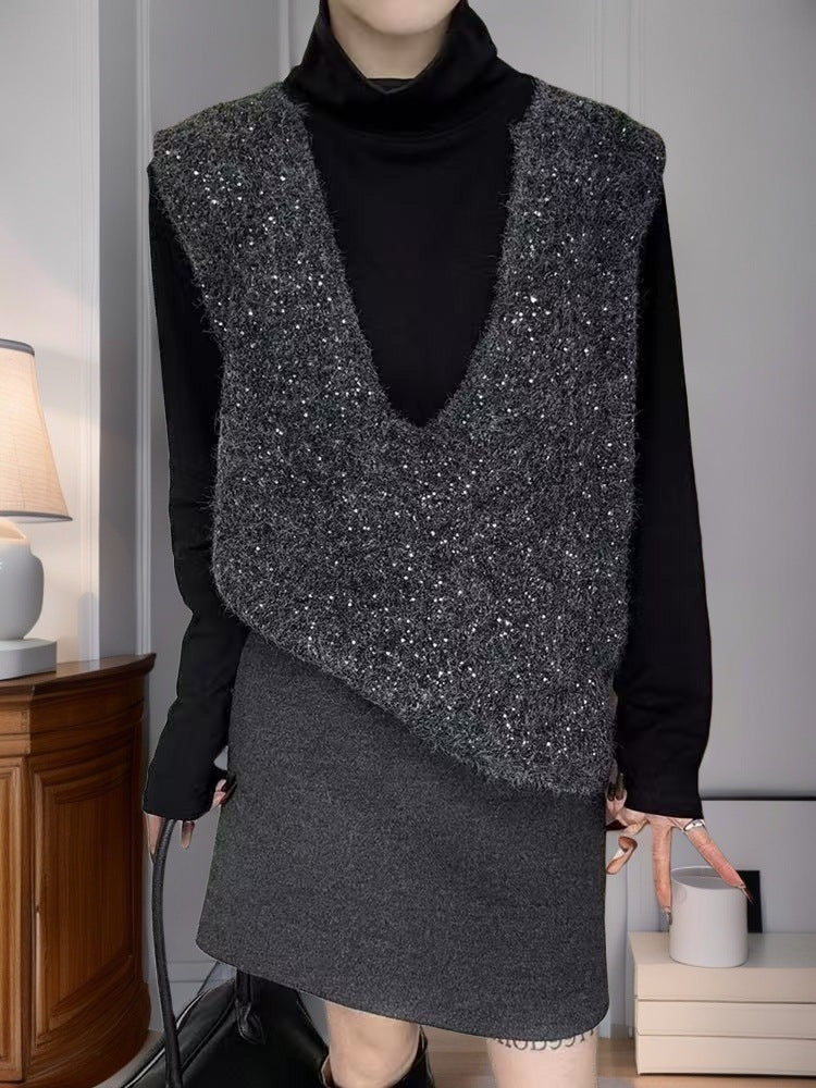 Gilet tricoté à la mode pour femmes avec décolleté en V profond et coupe créative Chic & Stil
