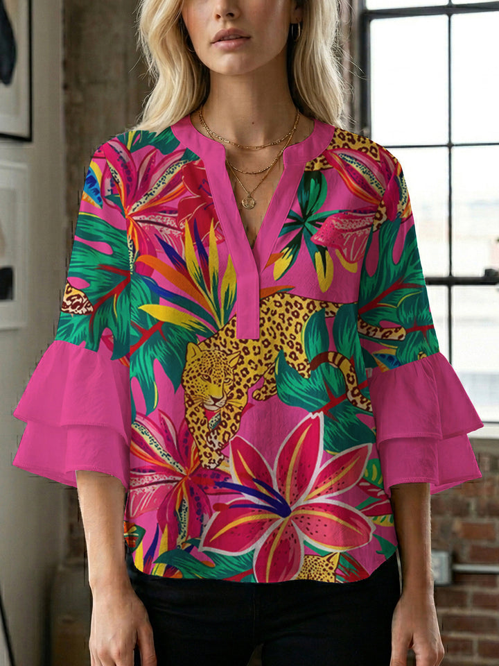 Women's casual blouse with ruffled sleeves and botanical print Lune London