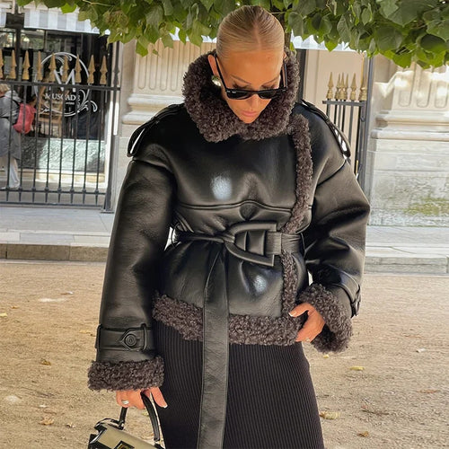 Fashionable vegan leather jacket for women with cozy fur collar and fitted belt Lune London