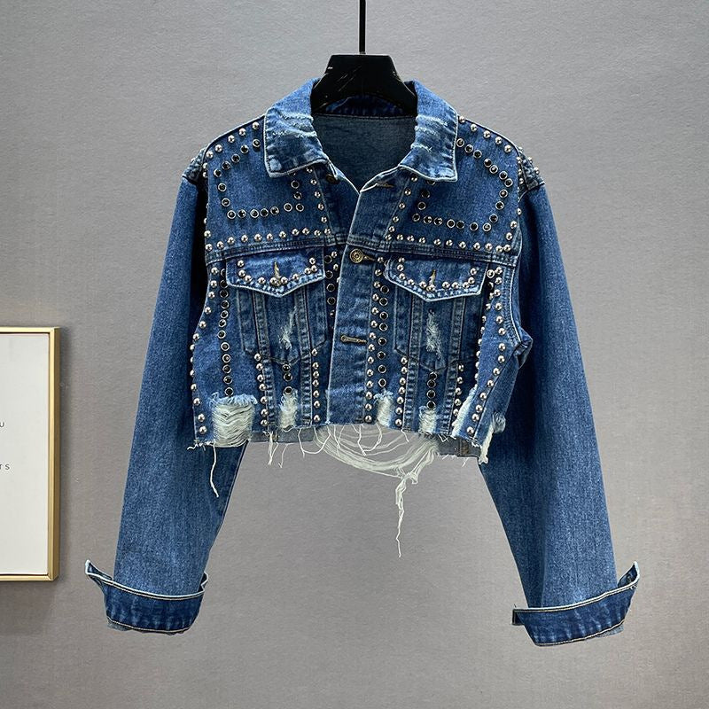 Veste en jean de créateur pour femmes avec clous et franges Chic & Stil