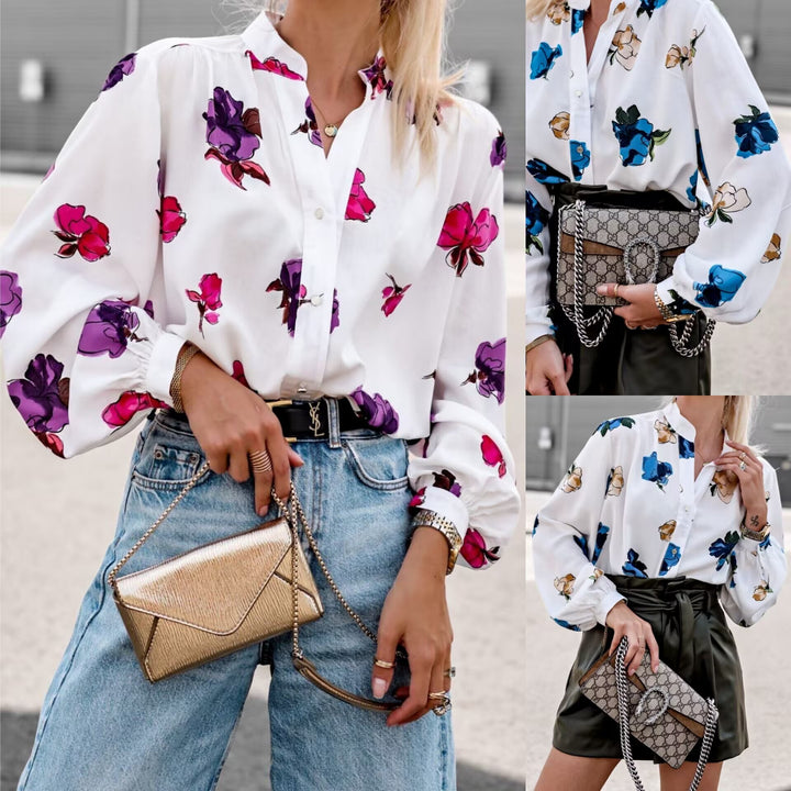 Women Elegant Blouse with Floral Pattern and Effective Puff Sleeves Lune London