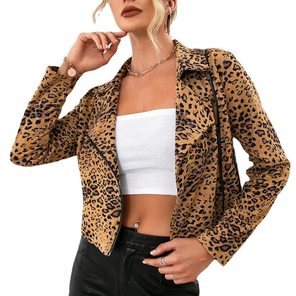 Women's leopard print biker jacket with a stylish collar Lune London