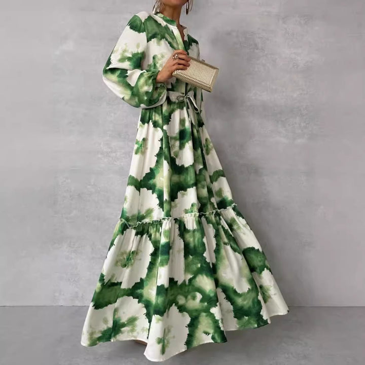 Maxi dress for women with a modern watercolor pattern and a voluminous skirt Lune London
