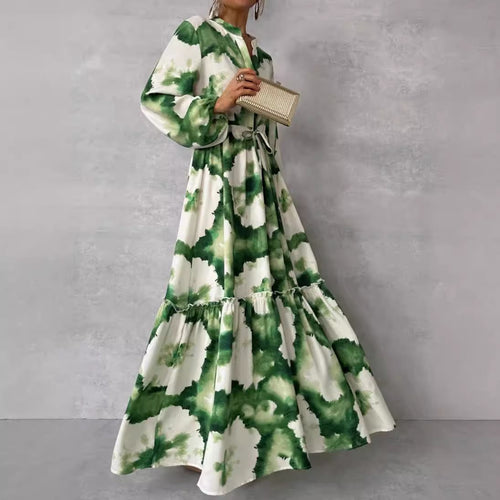 Maxi dress for women with a modern watercolor pattern and a voluminous skirt Lune London