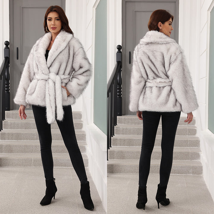 Ladies Elegant Faux Fur Coat with Belt and Wide Lapels Lune London
