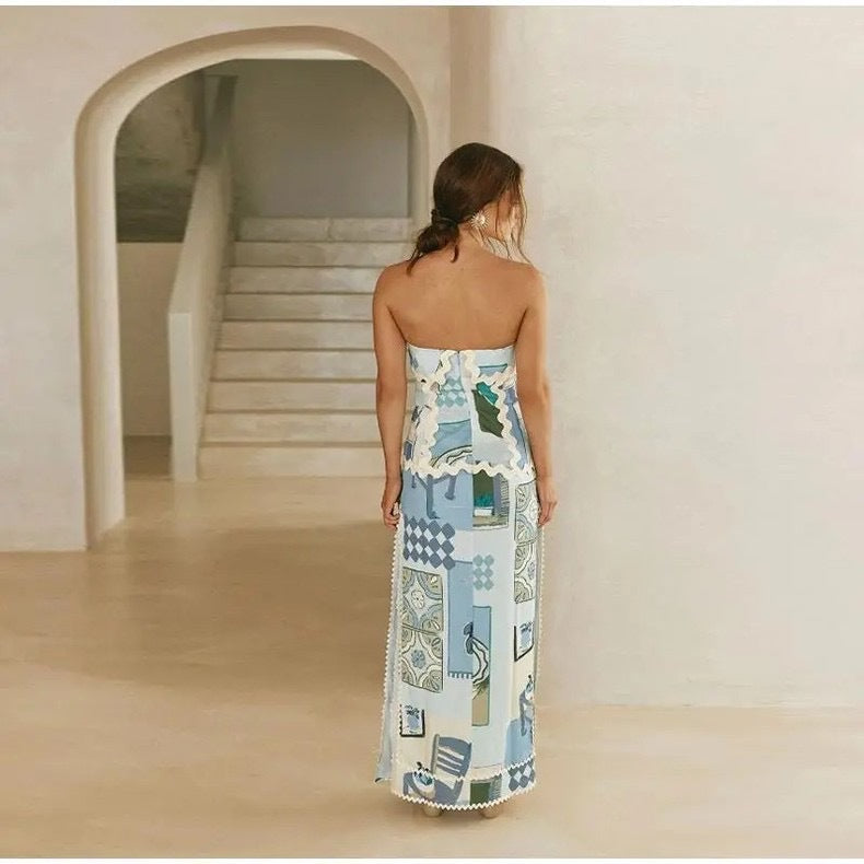 Maxi bandeau dress for women with a playful printed design and an elegant hem Lune London