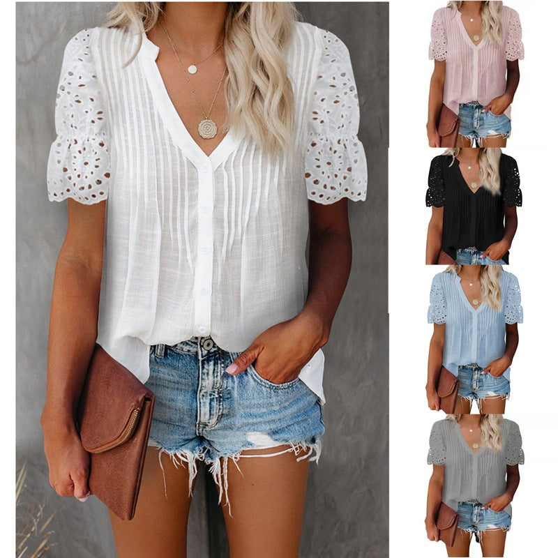 Women's blouse with refined fabric details and lace sleeves Lune London