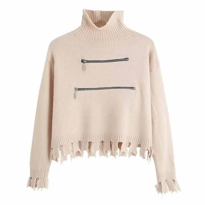 Women's Stylish Funnel Neck Sweater with Two Asymmetric Zip Pockets and Fringed Hem Lune London