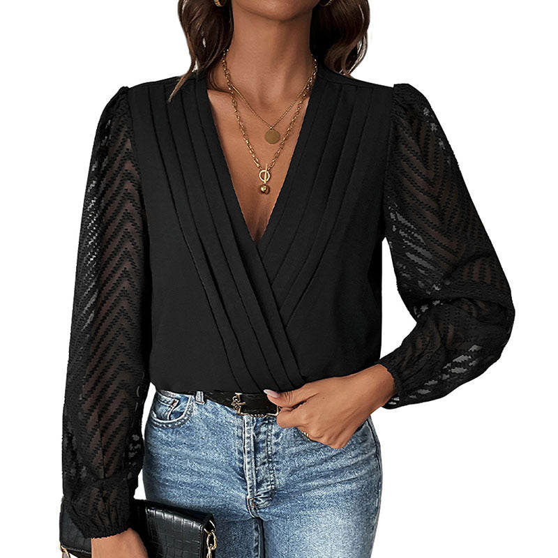 Women's Wrap Blouse with Fine Pleated Details and Transparent Sleeves Lune London