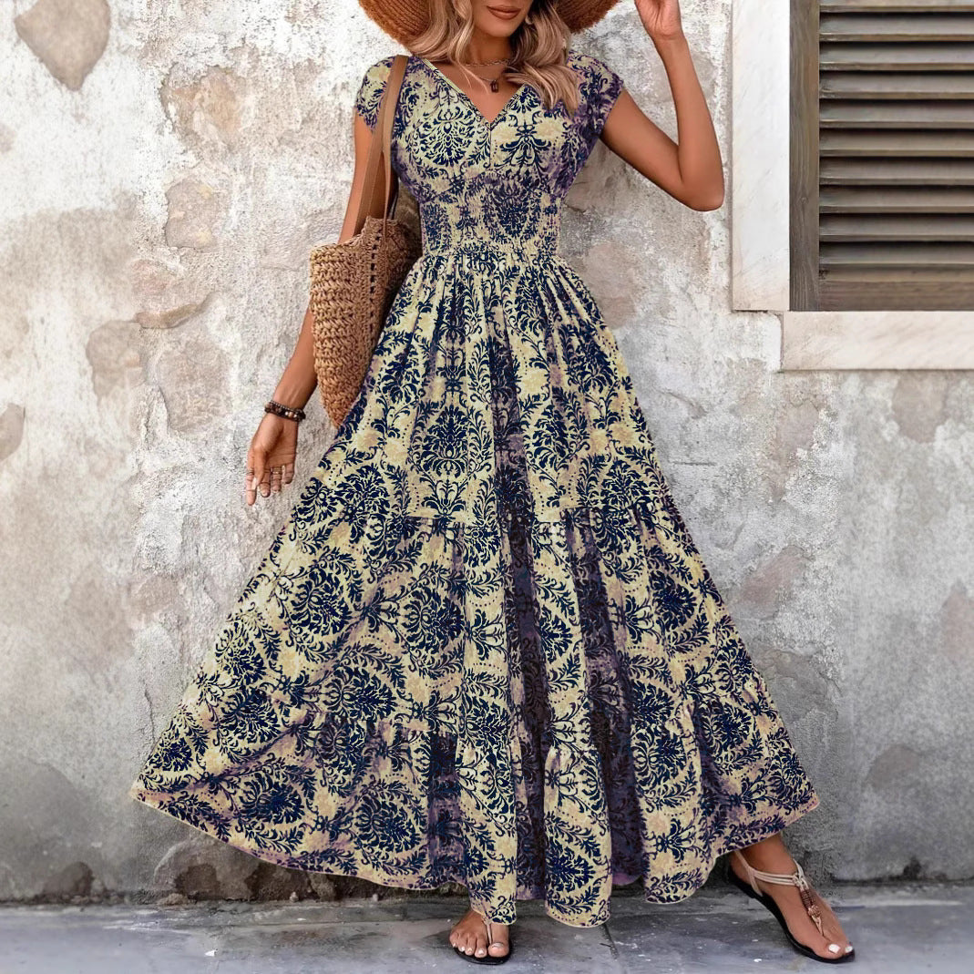 Maxi flower dress for women with V-neck and ruffled hem Lune London