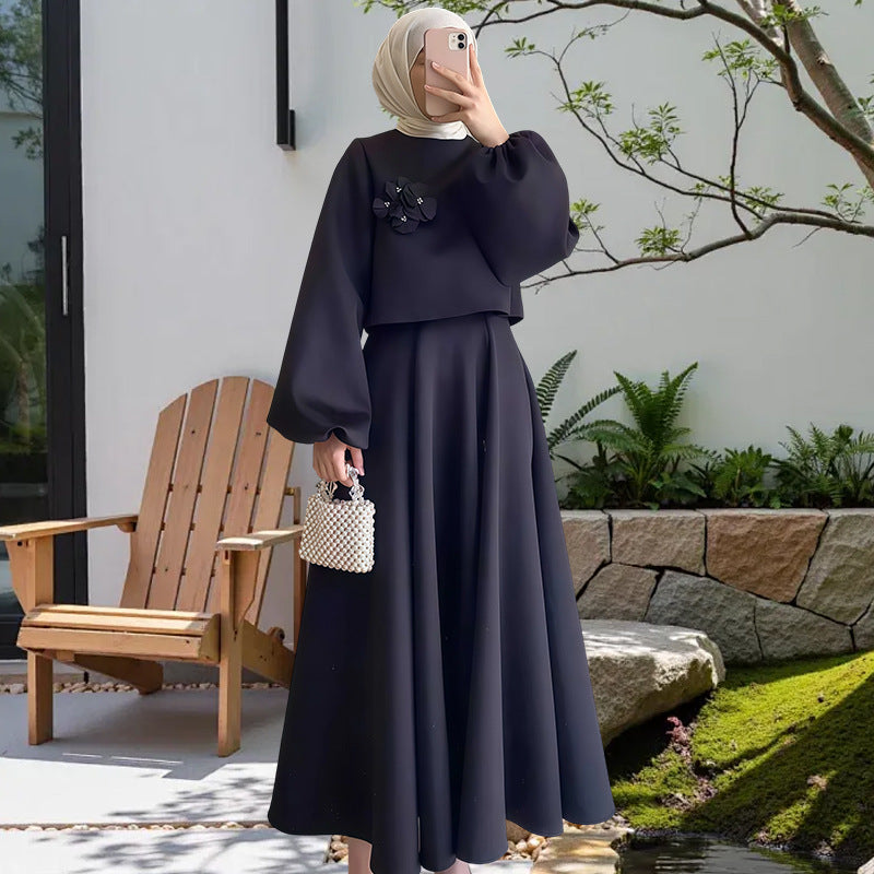 Ladies Elegant Maxi Dress with Puff Sleeves and Decorative Flower Detail Lune London