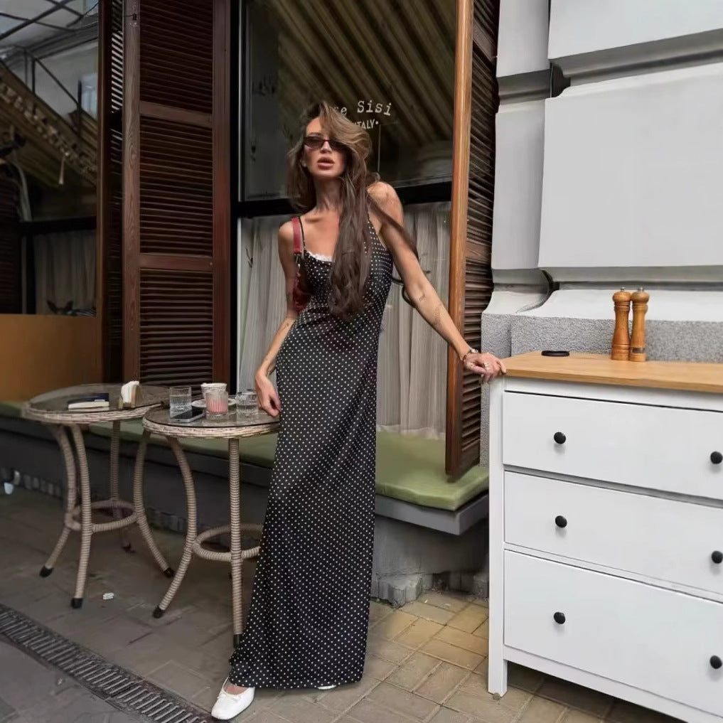 Maxi dress for women with polka dots and an elegant lace ornament Lune London