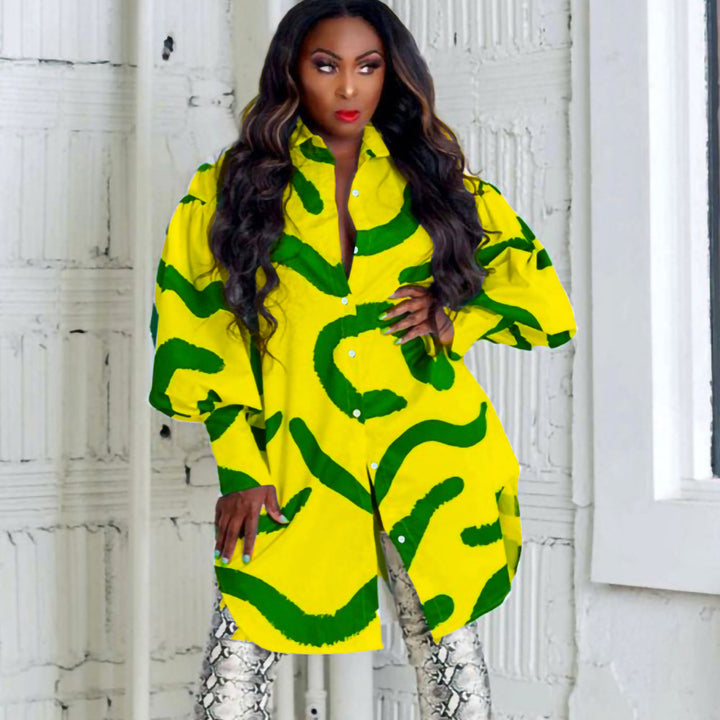 Trendy shirt dress for women with an eye-catching pattern and flared sleeves Lune London