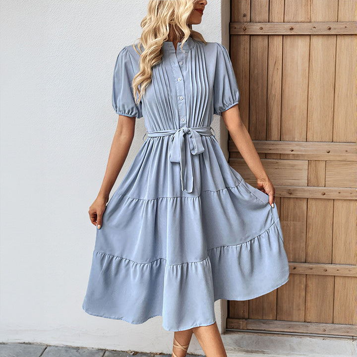 Women Pleated Midi Dress with Chic Waist Belt and Style