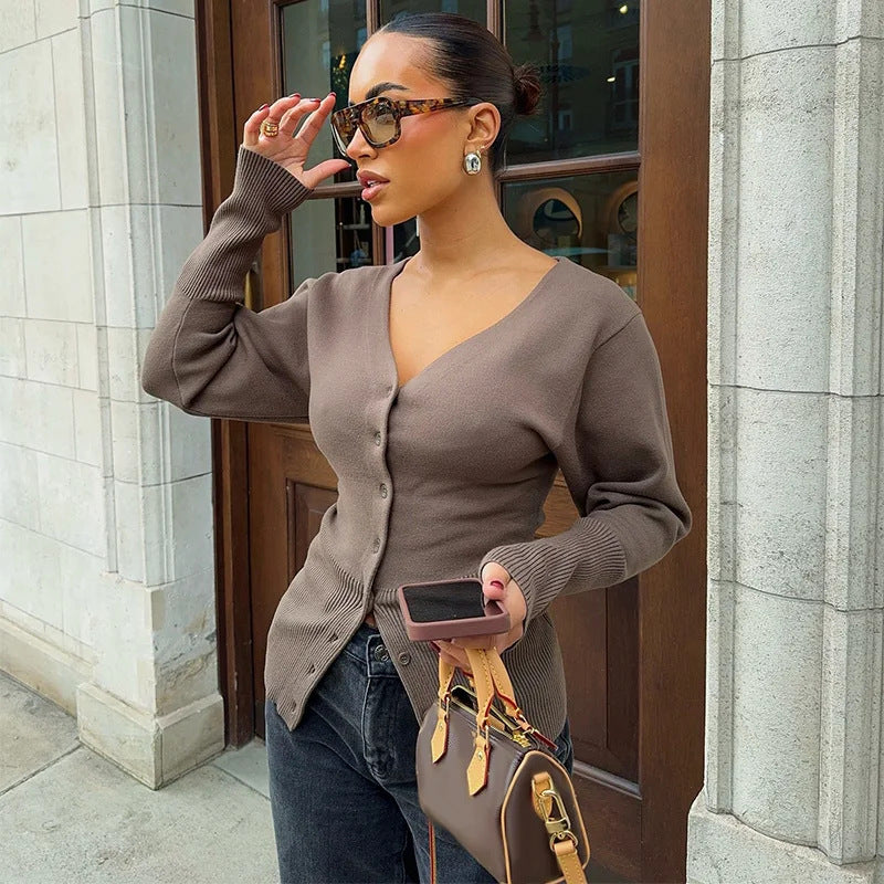 Women’s knitted jacket with V-neck and button detail Lune London