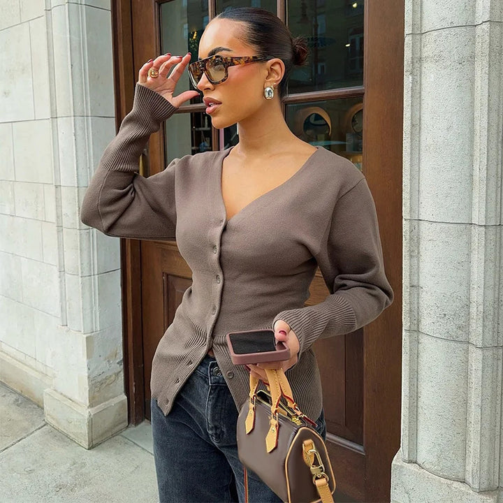 Women’s knitted jacket with V-neck and button detail Lune London