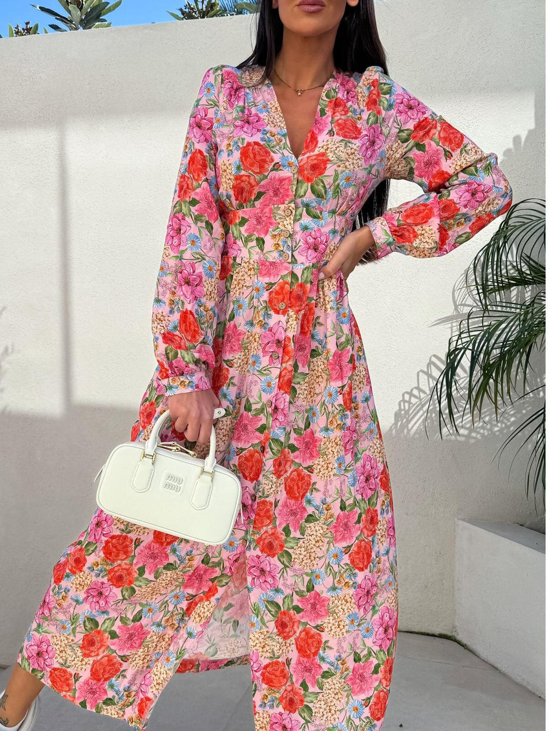 Floral print maxi dress for women with button placket Lune London