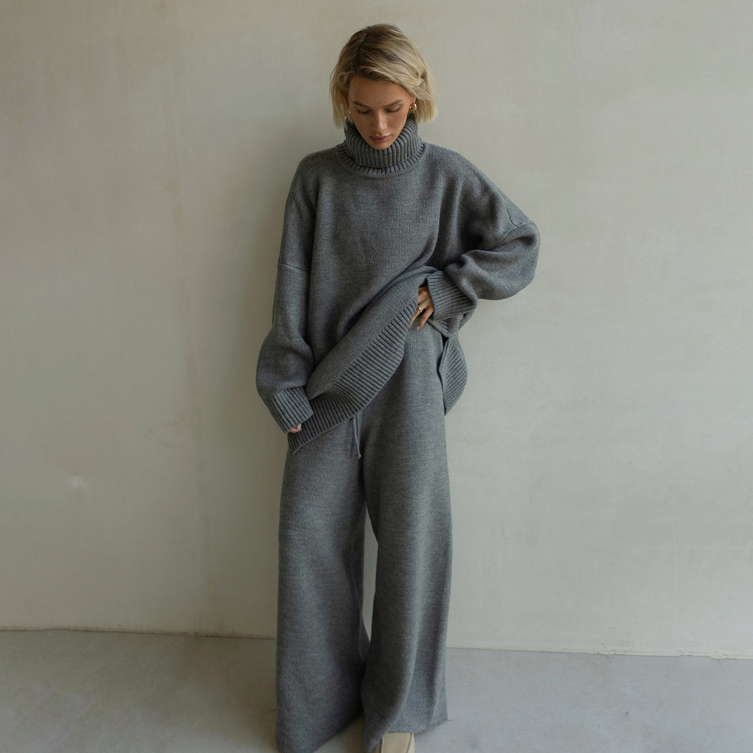 Women Casual Knit Jumpsuit with High Collar and Wide Leg Lune London