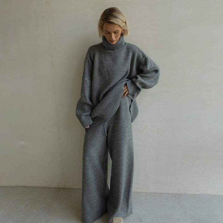 Women Casual Knit Jumpsuit with High Collar and Wide Leg Lune London