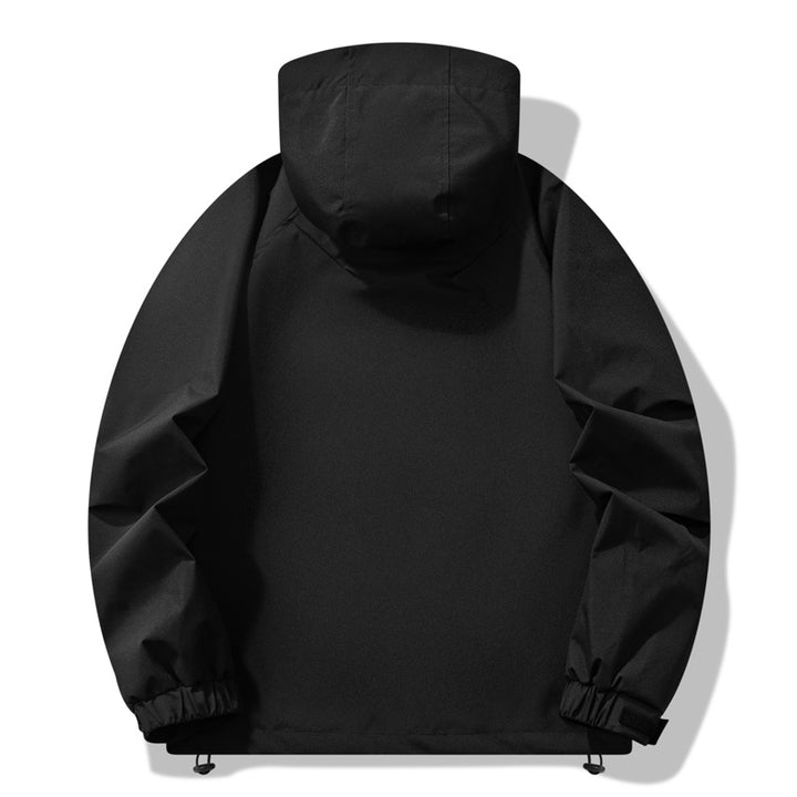 Outdoor technical jacket for men with water-repellent material and adjustable hood design Lune London