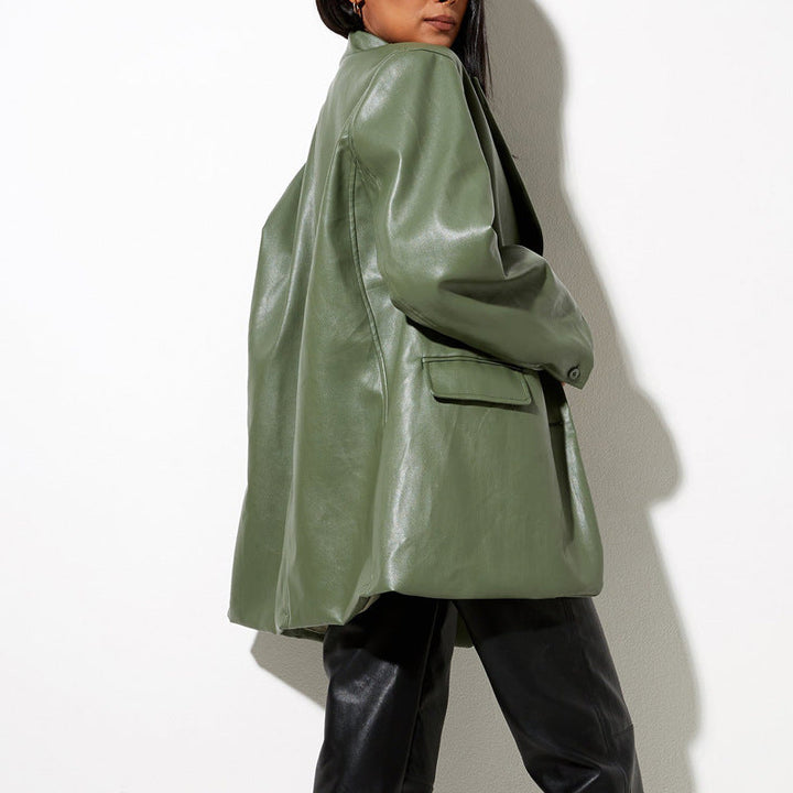 Women's Oversized Faux Leather Blazer Jacket Lune London