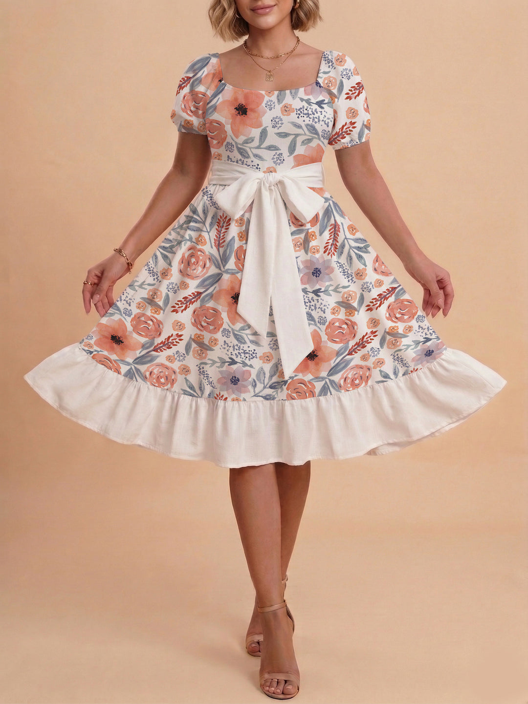 Women's floral dress with adjustable belt and voluminous sleeves Lune London