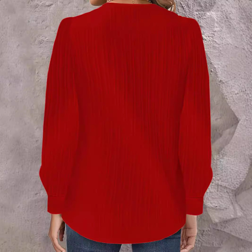Women's Pleated Blouse with Asymmetrical Neckline and Button Details Lune London