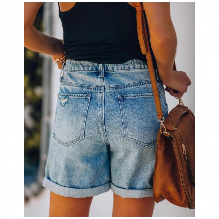 Casual denim shorts for women with rolled hem and distressed details Lune London