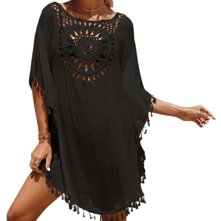 Women's beach tunic with artistic crochet design and fringed hems Lune London