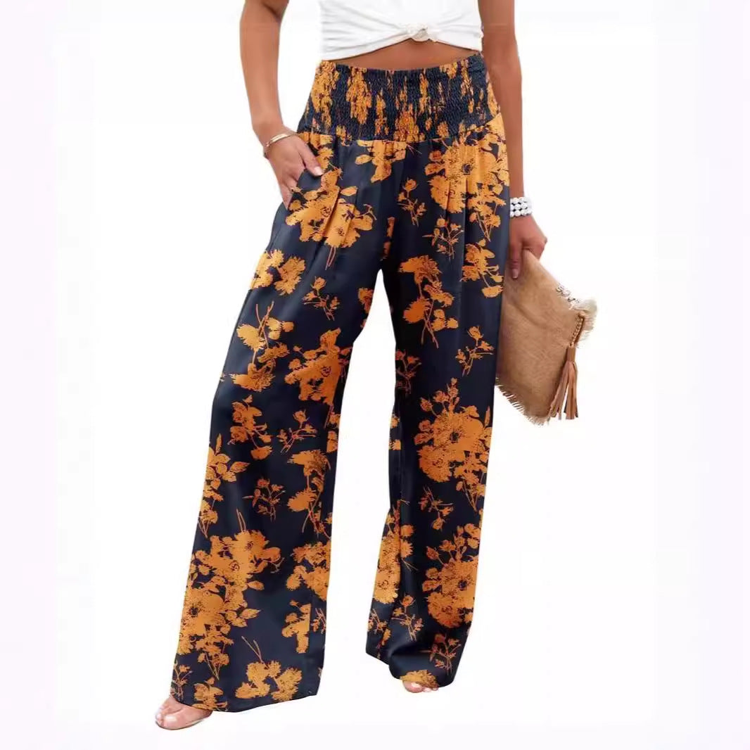 Lune London Women's Palazzo Pants with Elastic Waist and Floral Pattern