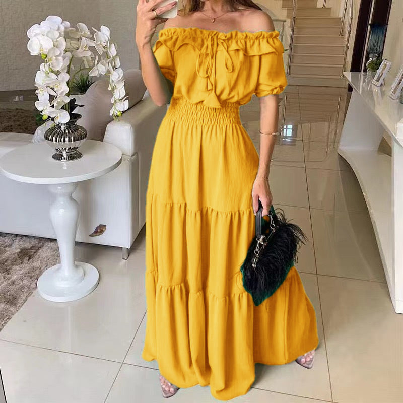 Women’s maxi dress with off-shoulder design and voluminous ruffles Lune London