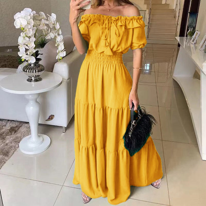 Women’s maxi dress with off-shoulder design and voluminous ruffles Lune London