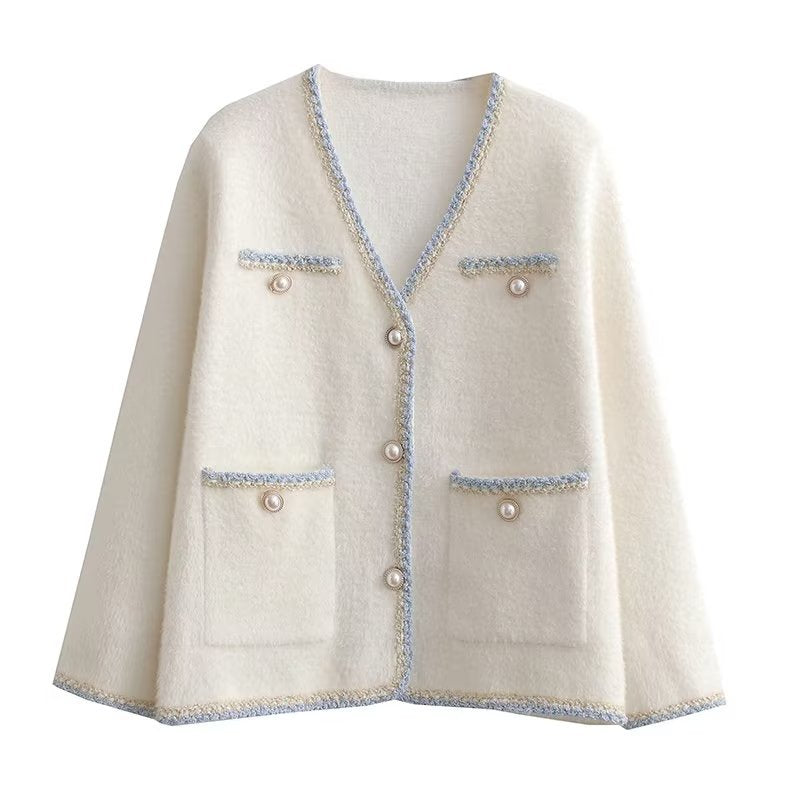 Elegant knitted cardigan for women with decorative pearl buttons and practical pockets Lune London