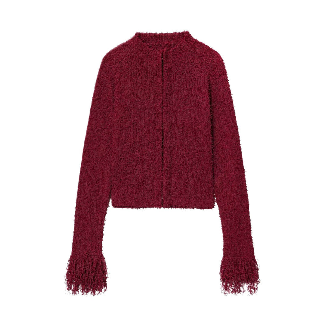 Ladies Comfortable knitted cardigan with fringed sleeves and a stylish collar Lune London