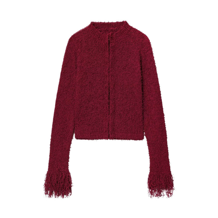 Ladies Comfortable knitted cardigan with fringed sleeves and a stylish collar Lune London