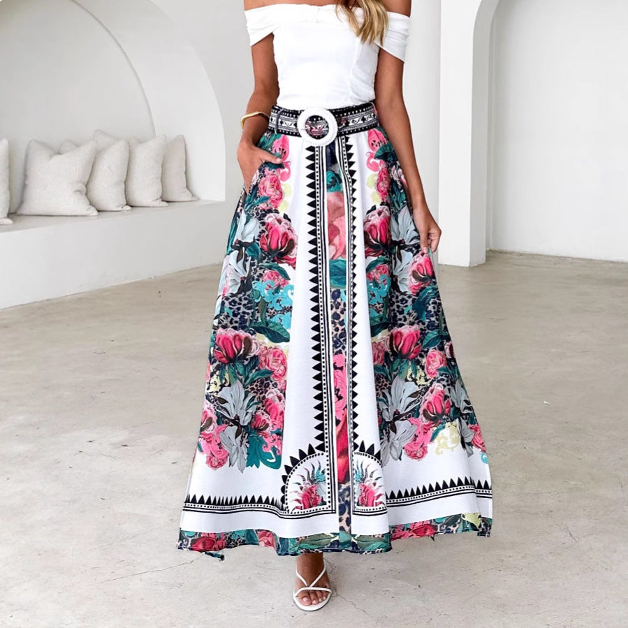 Maxi skirt with floral patterns and belt for women, intense color Chic & Stil