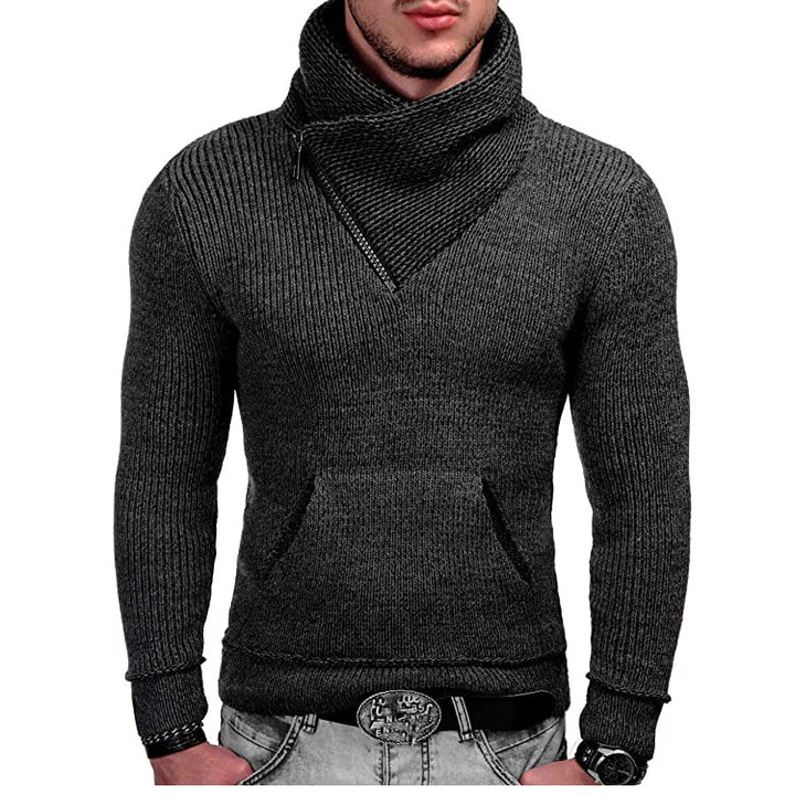Men's Long Sleeve Hooded Sweatshirt with Asymmetrical Zip Closure and Structured Knit Design Lune London