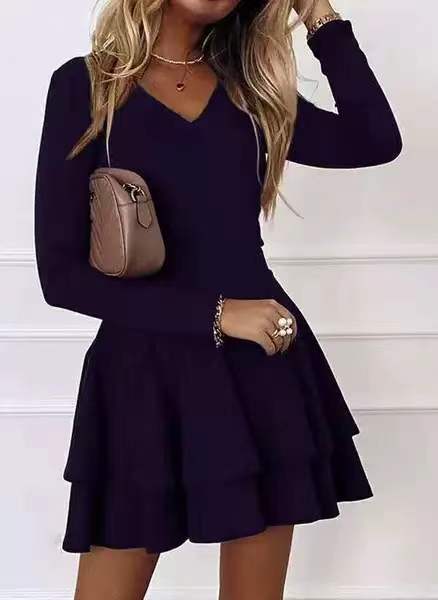 Women's V-Neck Dress with Voluminous Skirt and Long Sleeves Lune London