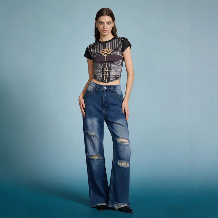 Women's wide jeans with stylish destroyed detail and comfortable fit Lune London